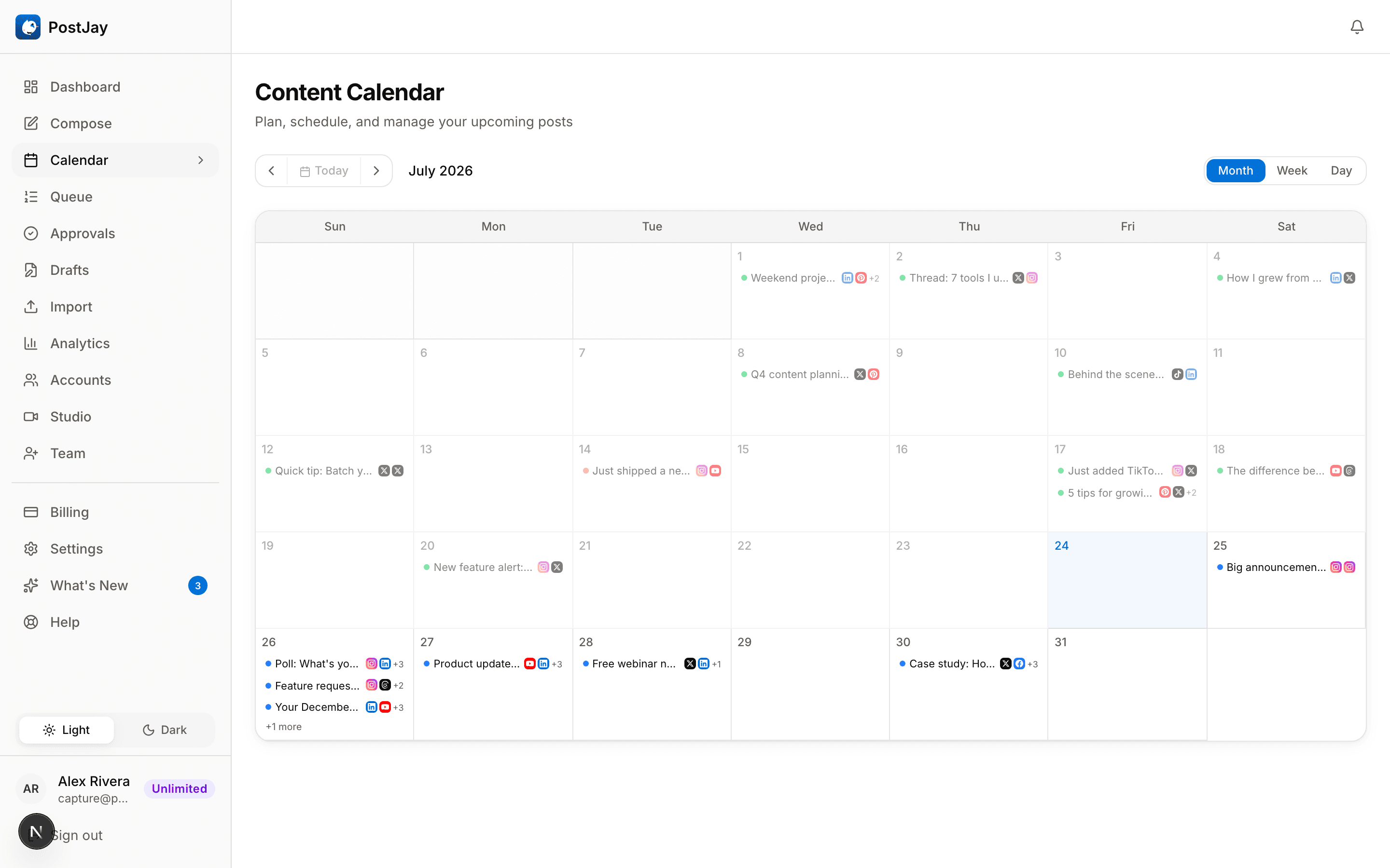 PostJay content calendar showing a month of scheduled posts across platforms