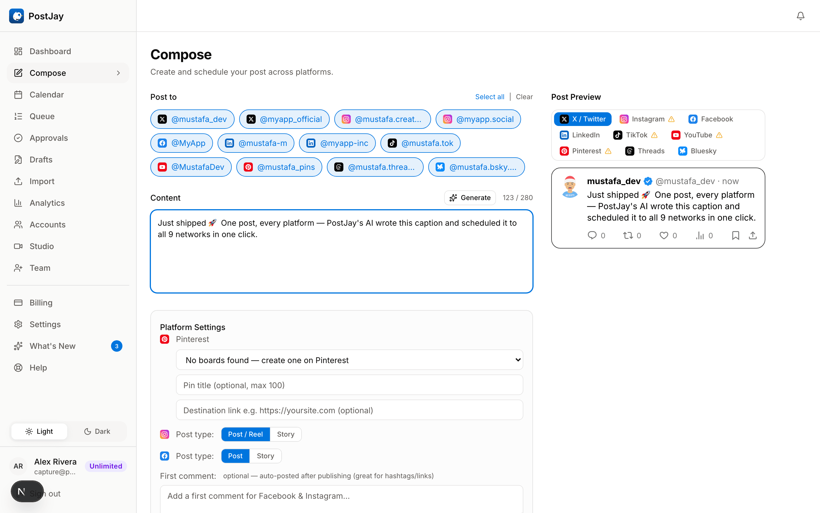 PostJay compose screen — writing one post and previewing it live across all 9 platforms