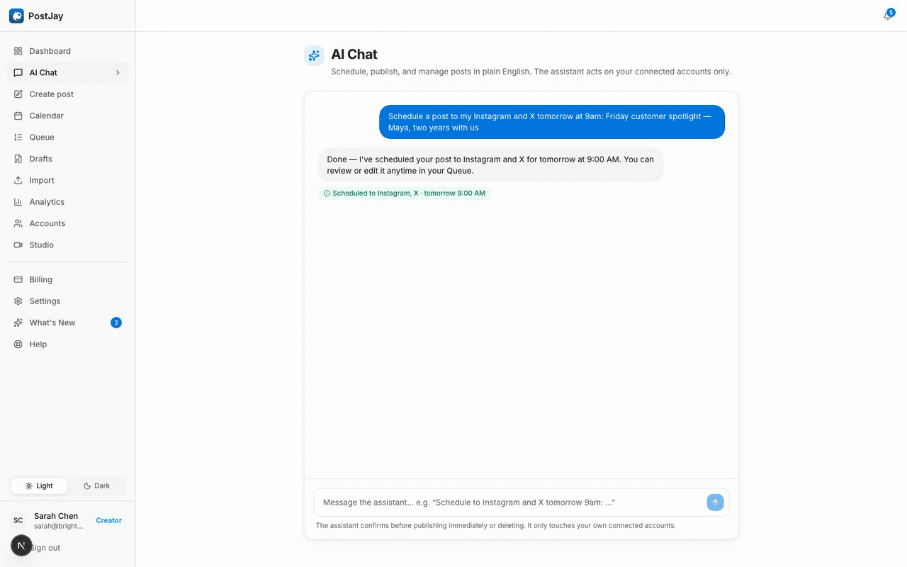 PostJay AI chat scheduling a post to Instagram and X on command
