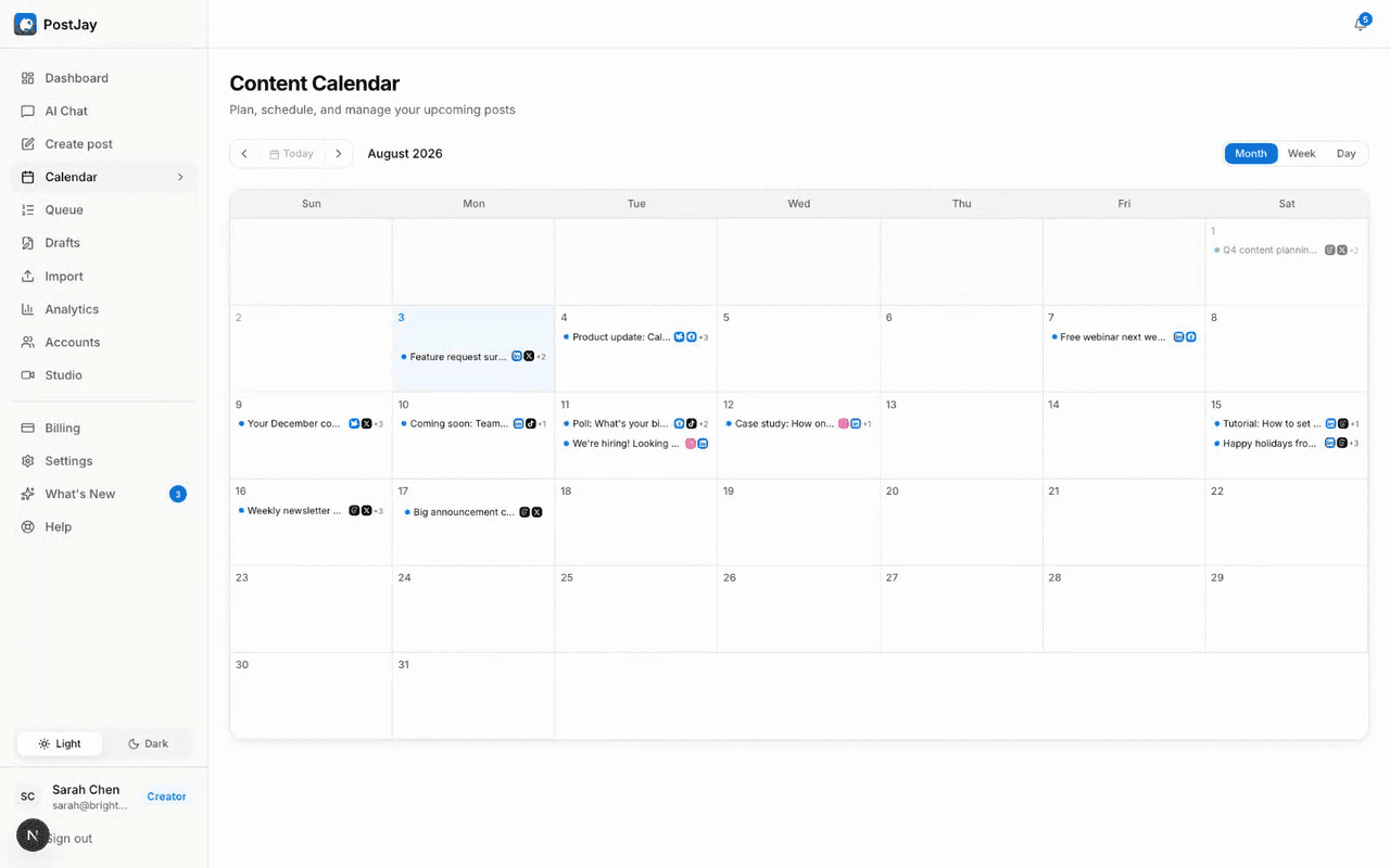 PostJay content calendar showing a month of scheduled posts across platforms